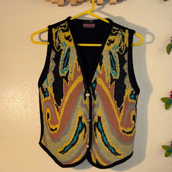 Fortune Knits Inc Sweaters - VINTAGE Fortune Knits Inc multicolor, unique pattern, brass button up knit V-n